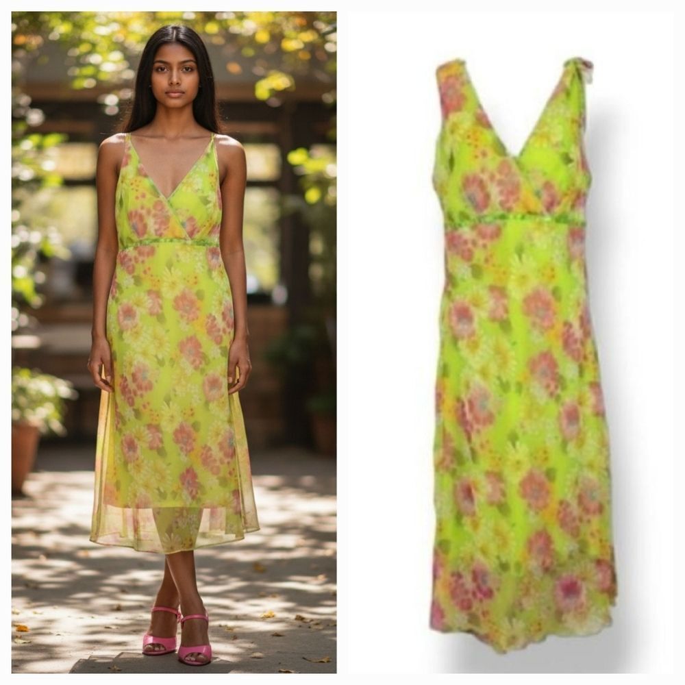 NEW Vintage 90's Y2K Graffiti New York Floral Chiffon Midi Slip Dress Size Small